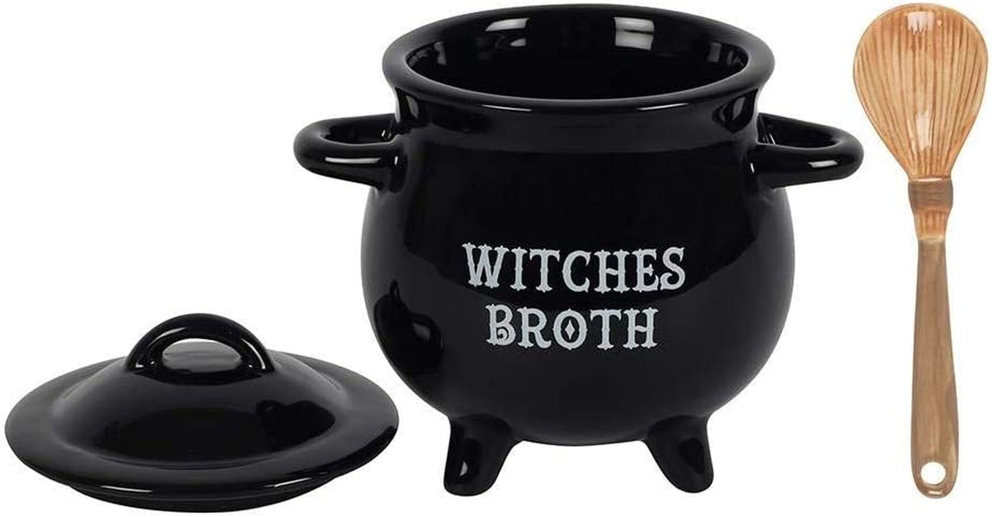 Witches Broth Cauldron Ceramic Bowl with Broom Spoon